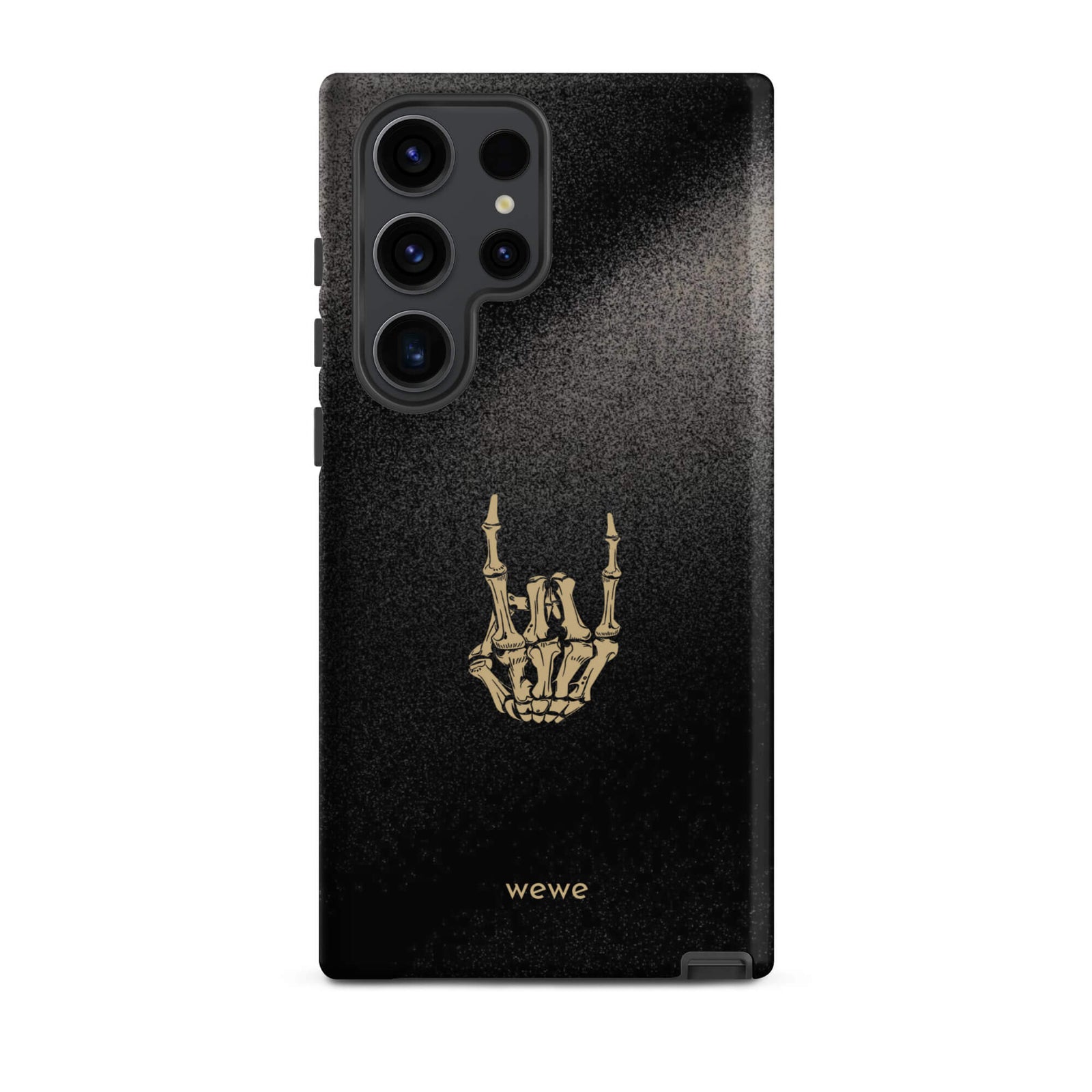 Custom samsunng galaxy s23 ultra  Phone case with a black, gritty background and a gold skeleton hand making the "rock on" gesture.