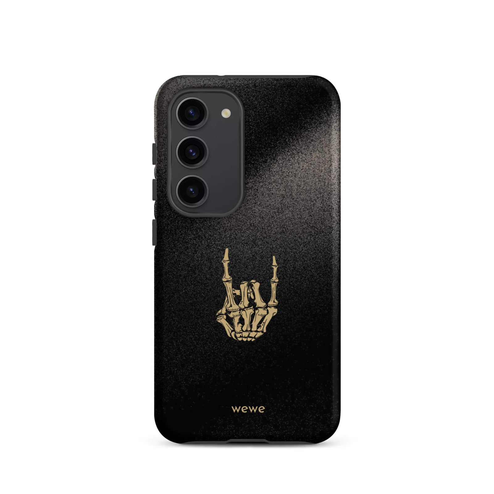 Custom samsunng galaxy s23 Phone case with a black, gritty background and a gold skeleton hand making the "rock on" gesture.