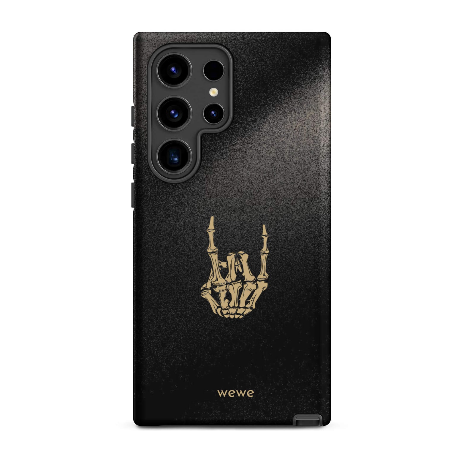 Custom samsunng galaxy s24 ultra  Phone case with a black, gritty background and a gold skeleton hand making the "rock on" gesture.