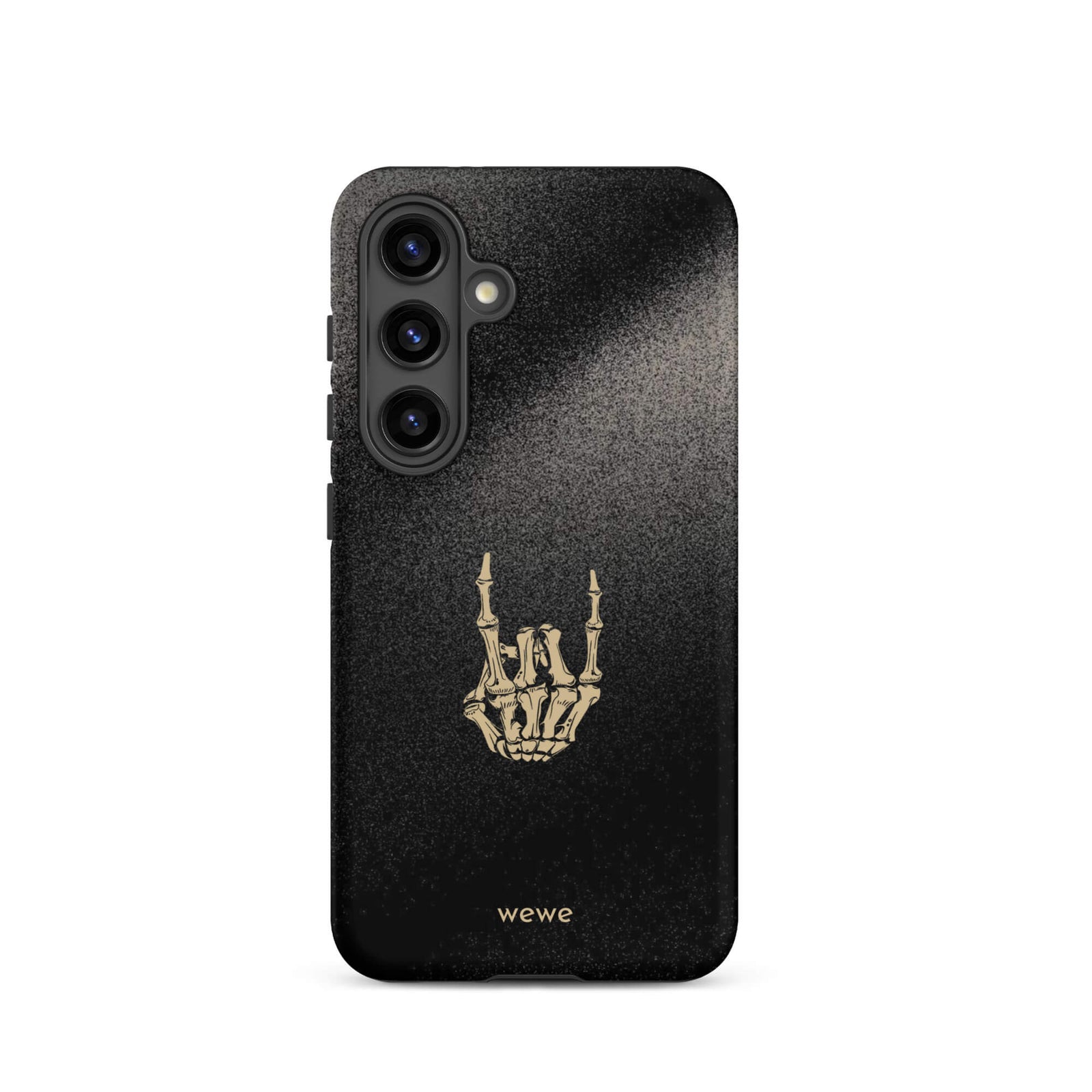 Custom samsunng galaxy s24 Phone case with a black, gritty background and a gold skeleton hand making the "rock on" gesture.