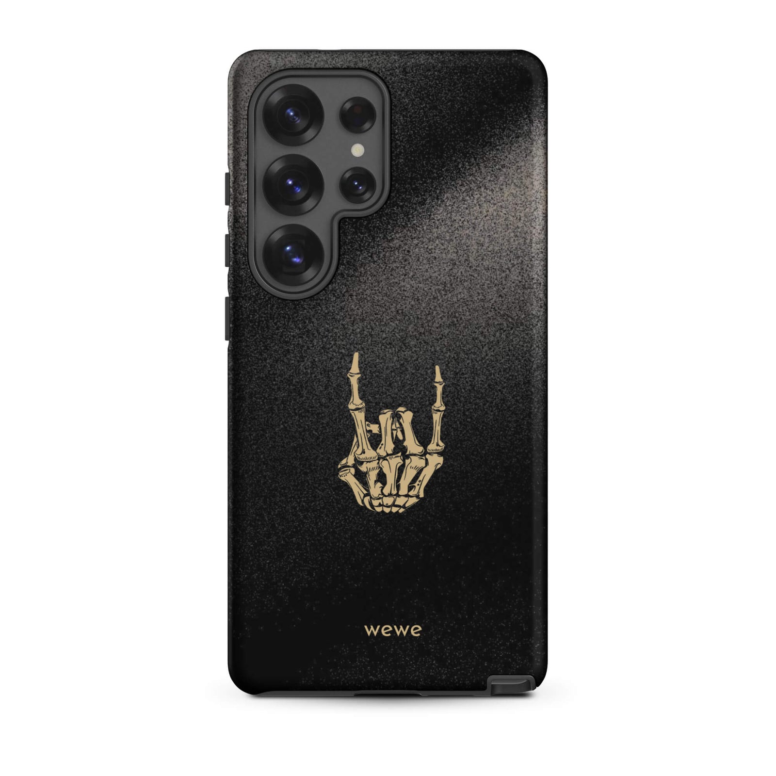 Custom samsunng galaxy s25 ultra  Phone case with a black, gritty background and a gold skeleton hand making the "rock on" gesture.
