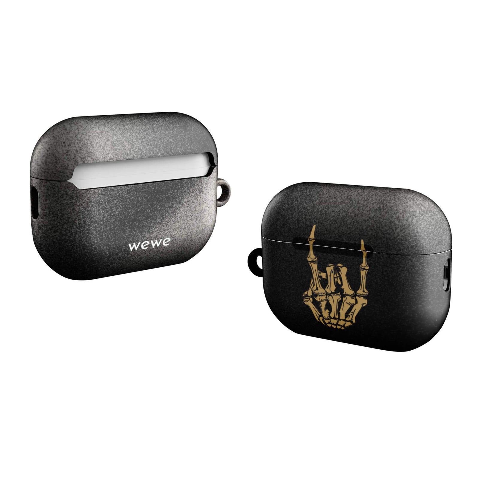 Custom AirPods case pro gen2 with a black, gritty background and a gold skeleton hand making the "rock on" gesture.