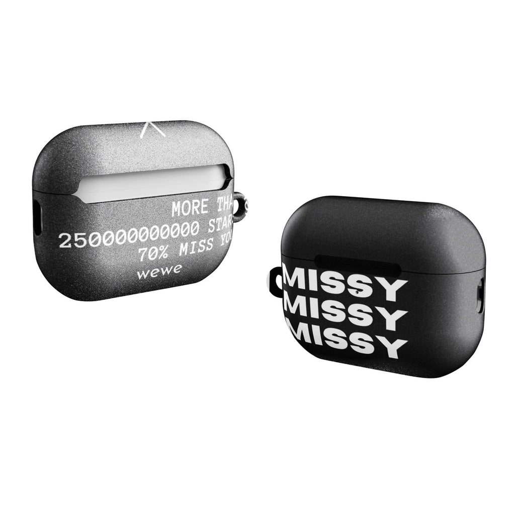 Custom AirPods case pro gen2 with a black and grey gritty-textured background and the words "MISSY" and other text in white.