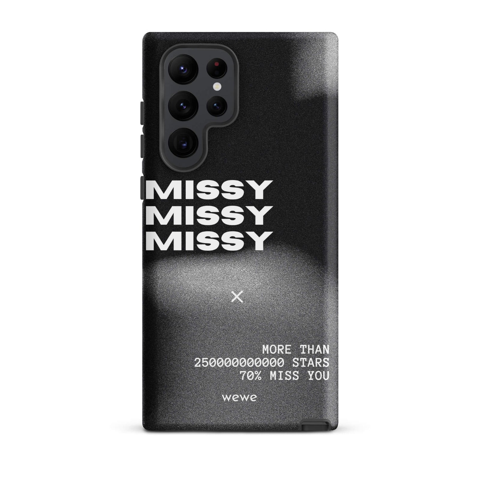 Custom samsung galaxy s22 ultra  Phone case with a black and grey gritty-textured background and the words "MISSY" and other text in white.