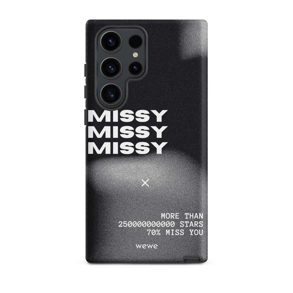 Custom samsung galaxy s23 ultra  Phone case with a black and grey gritty-textured background and the words "MISSY" and other text in white.