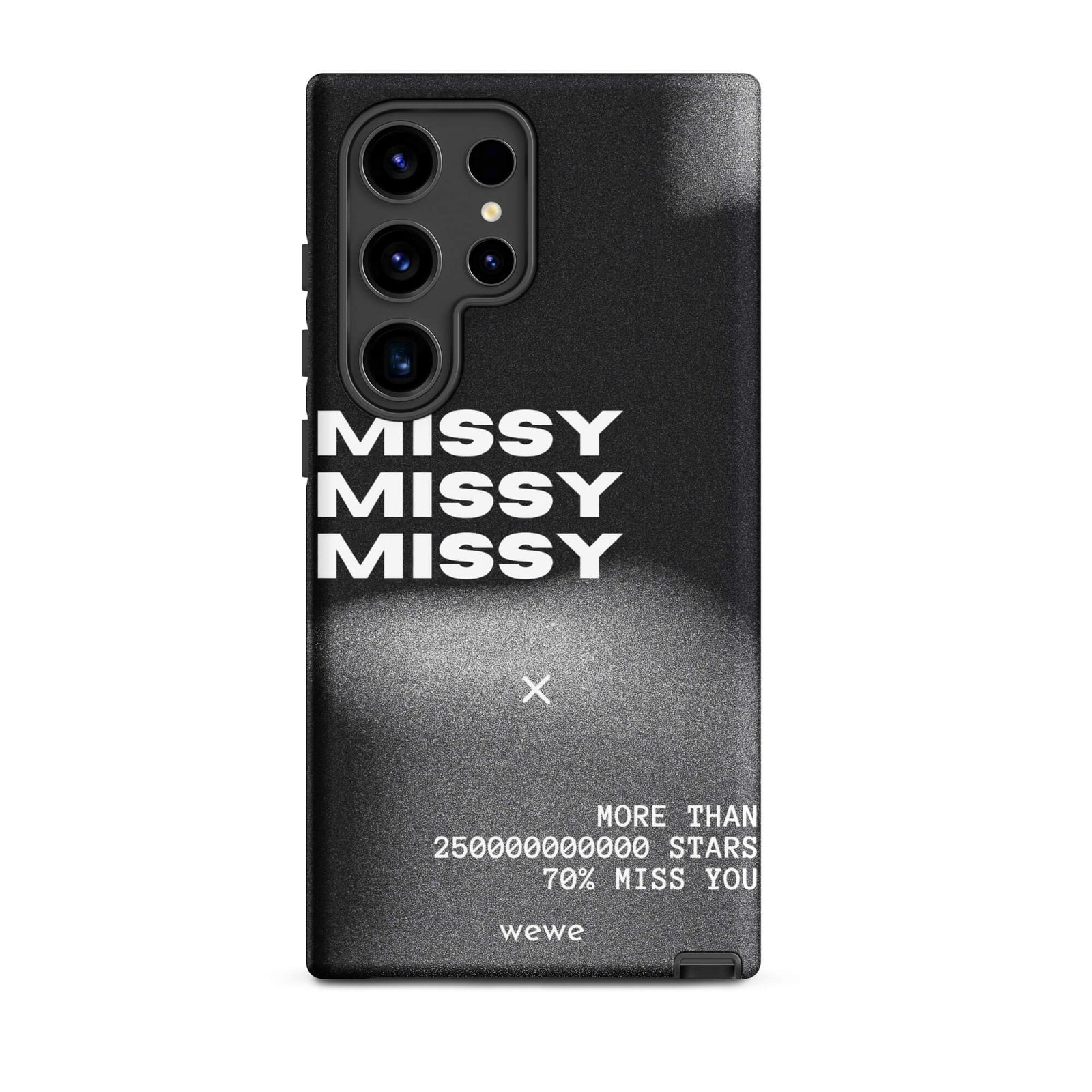 Custom samsung galaxy s24 ultra  Phone case with a black and grey gritty-textured background and the words "MISSY" and other text in white.