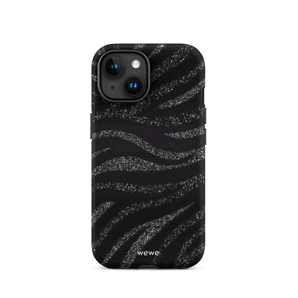 Custom iPhone case 15 with a black background and a sparkly silver glitter wavy zebra stripe pattern.