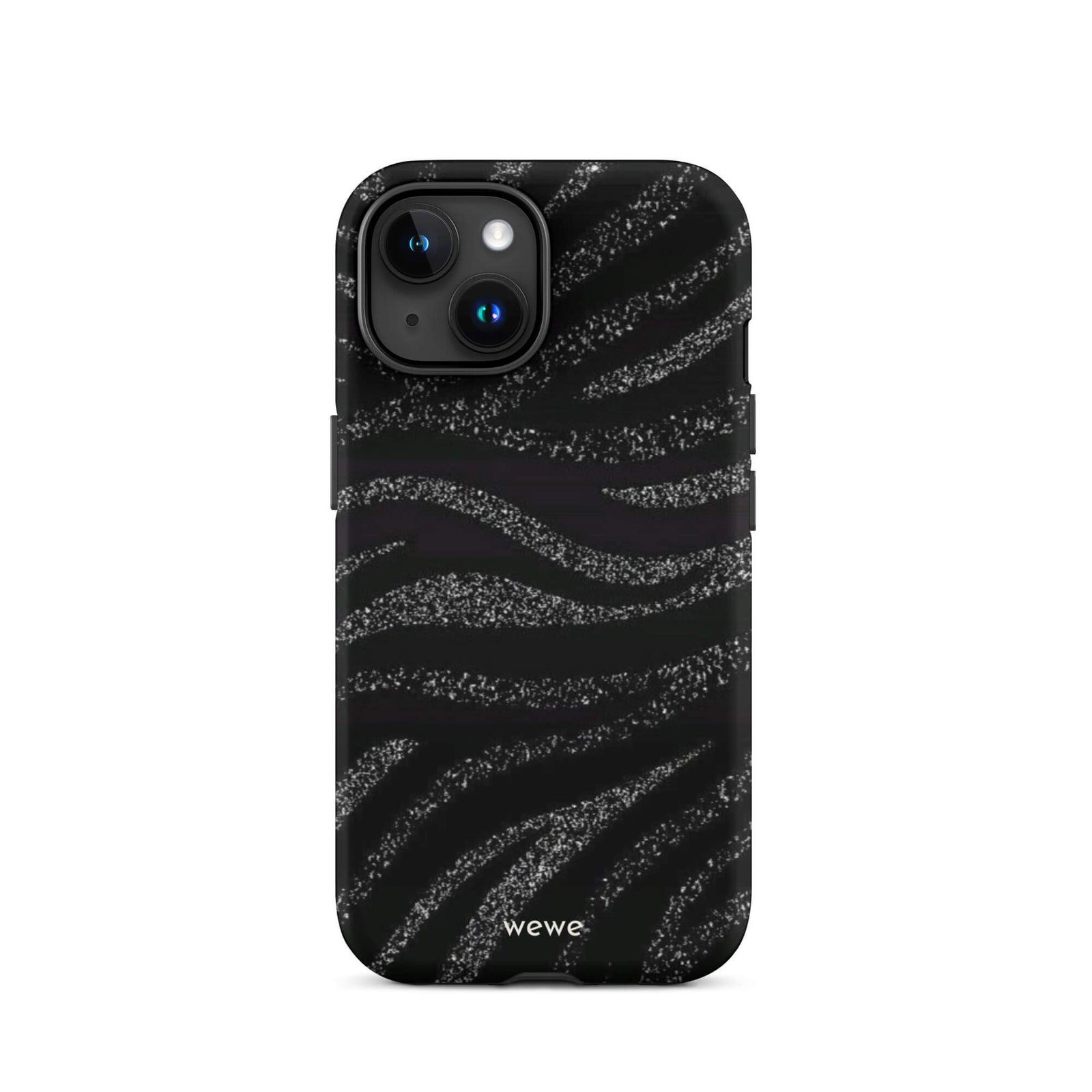 Custom iPhone case 15 with a black background and a sparkly silver glitter wavy zebra stripe pattern.