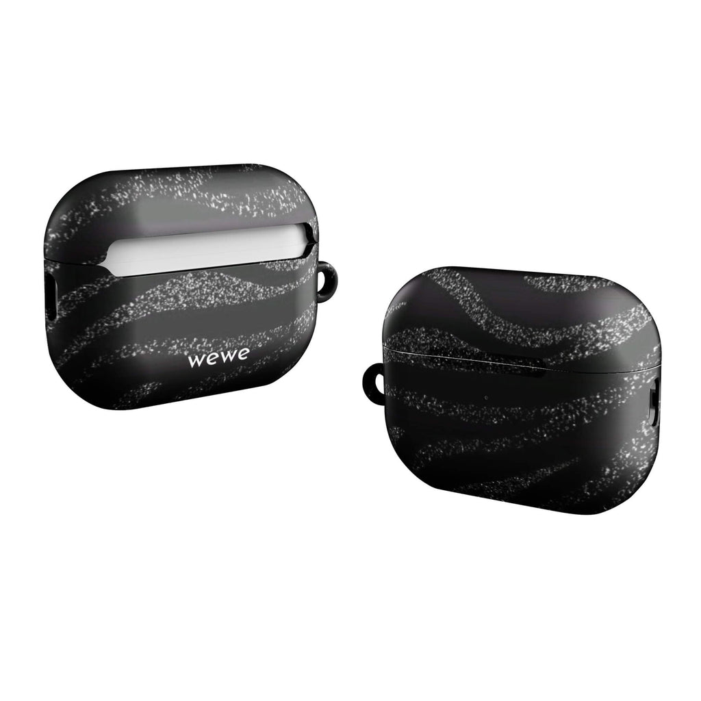 Custom AirPods case pro gen2 with a black background and a sparkly silver glitter wavy zebra stripe pattern.