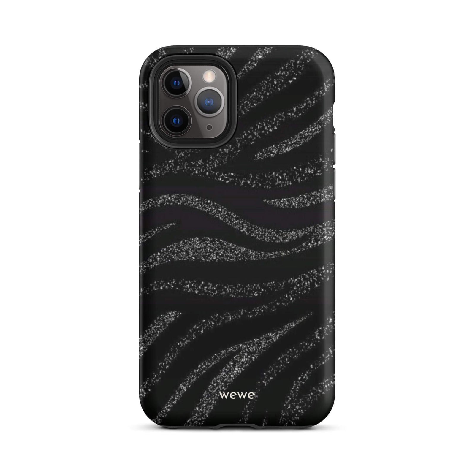 Custom iPhone case 11 pro with a black background and a sparkly silver glitter wavy zebra stripe pattern.
