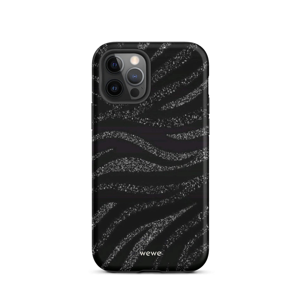 Custom iPhone case 12 pro with a black background and a sparkly silver glitter wavy zebra stripe pattern.