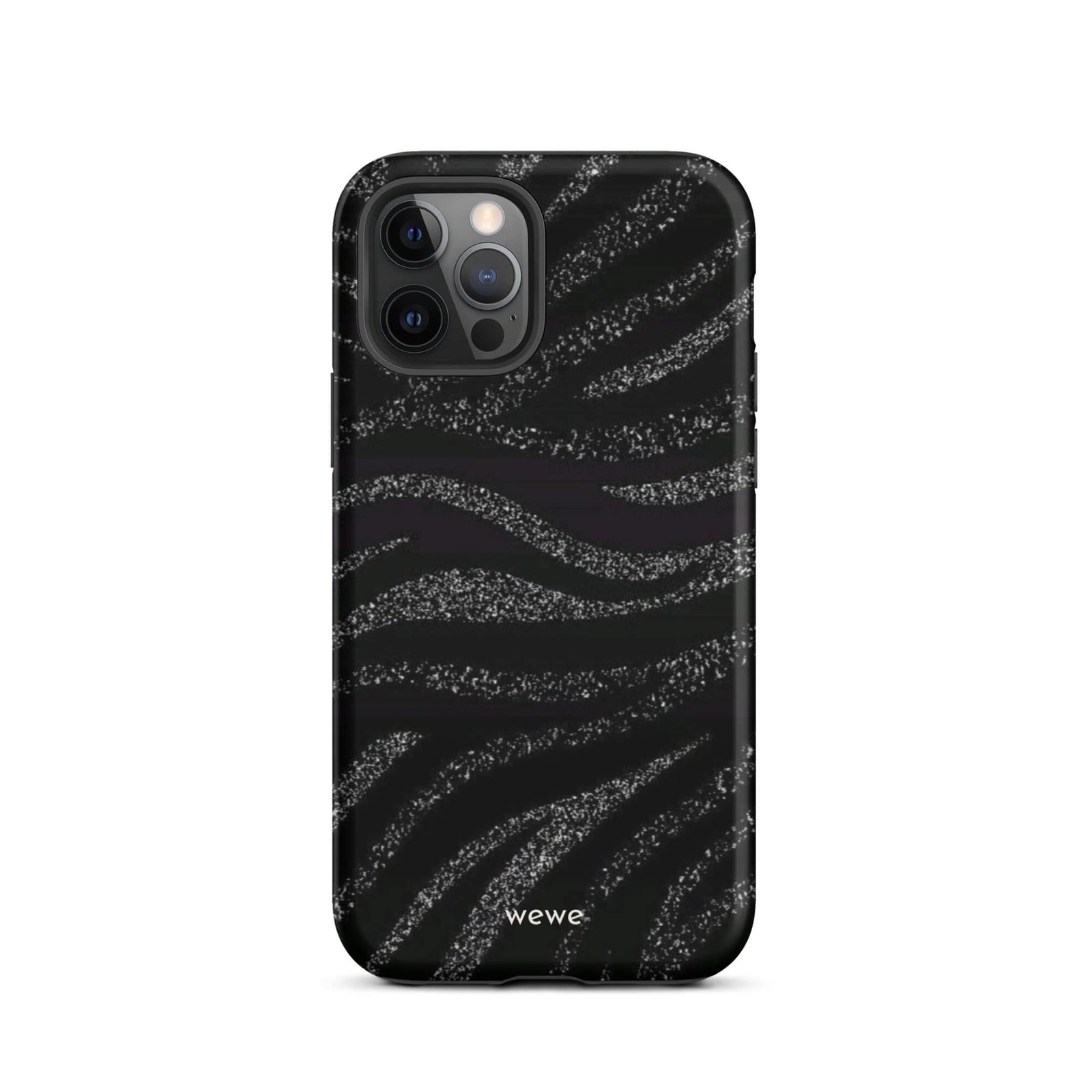 Custom iPhone case 12 pro with a black background and a sparkly silver glitter wavy zebra stripe pattern.