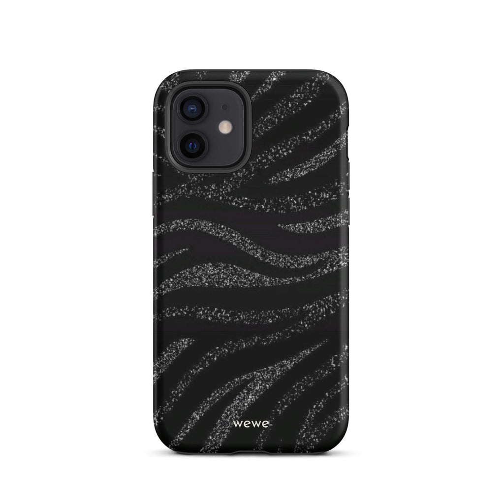 Custom iPhone case 12 with a black background and a sparkly silver glitter wavy zebra stripe pattern.