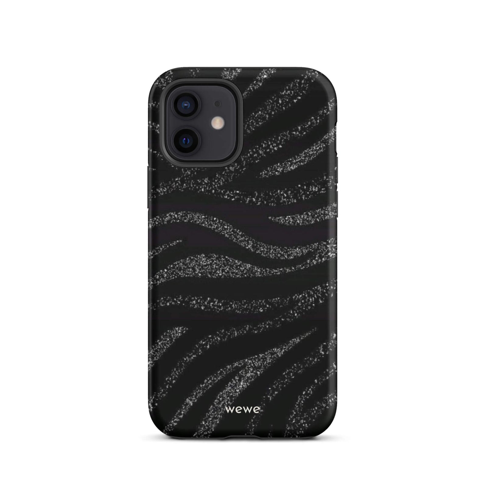 Custom iPhone case 12 with a black background and a sparkly silver glitter wavy zebra stripe pattern.