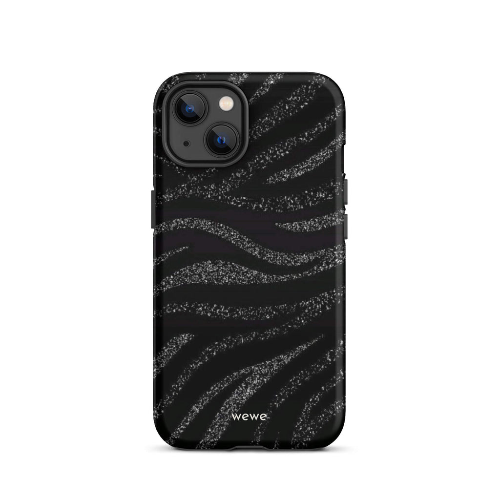 Custom iPhone case 13 with a black background and a sparkly silver glitter wavy zebra stripe pattern.