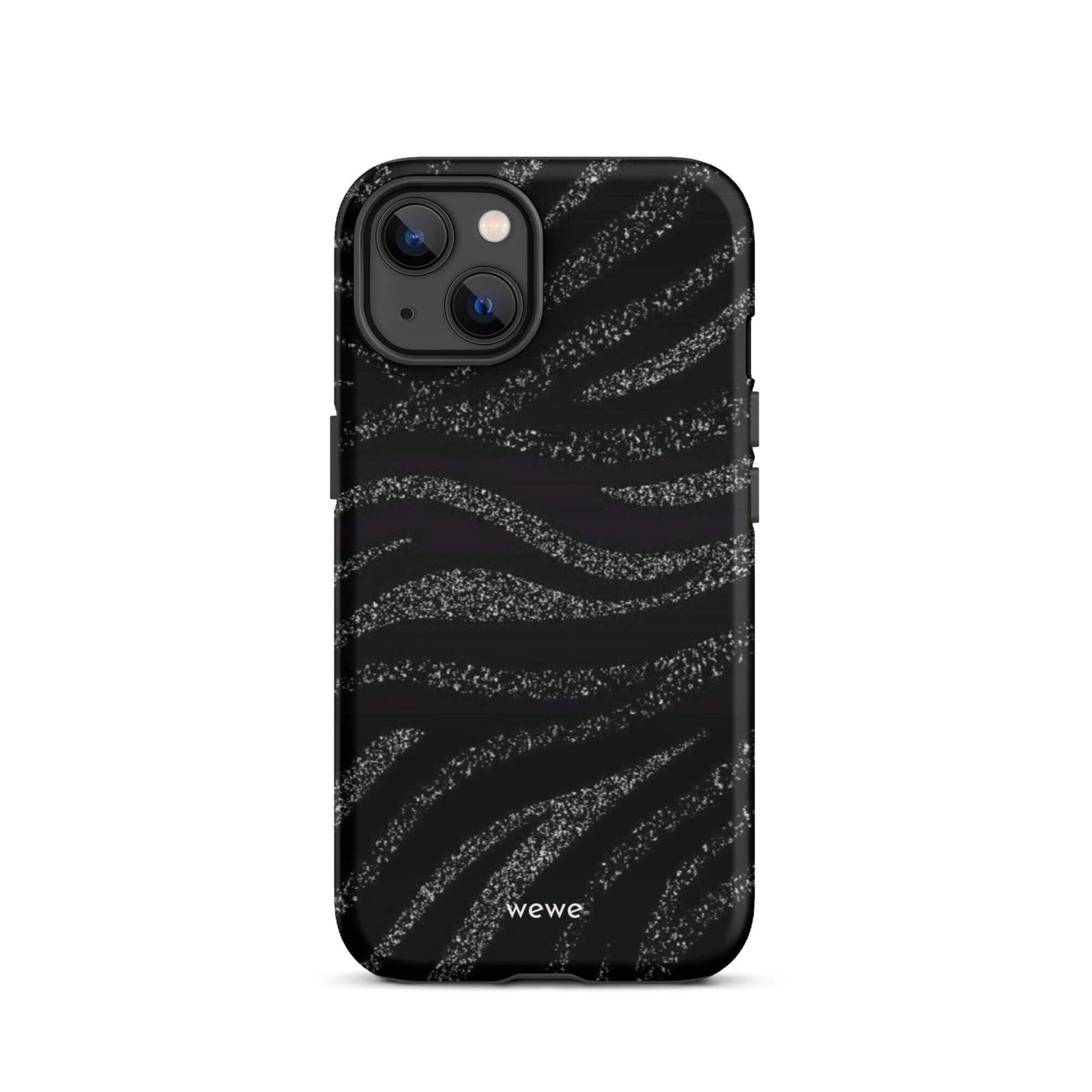 Custom iPhone case 13 with a black background and a sparkly silver glitter wavy zebra stripe pattern.