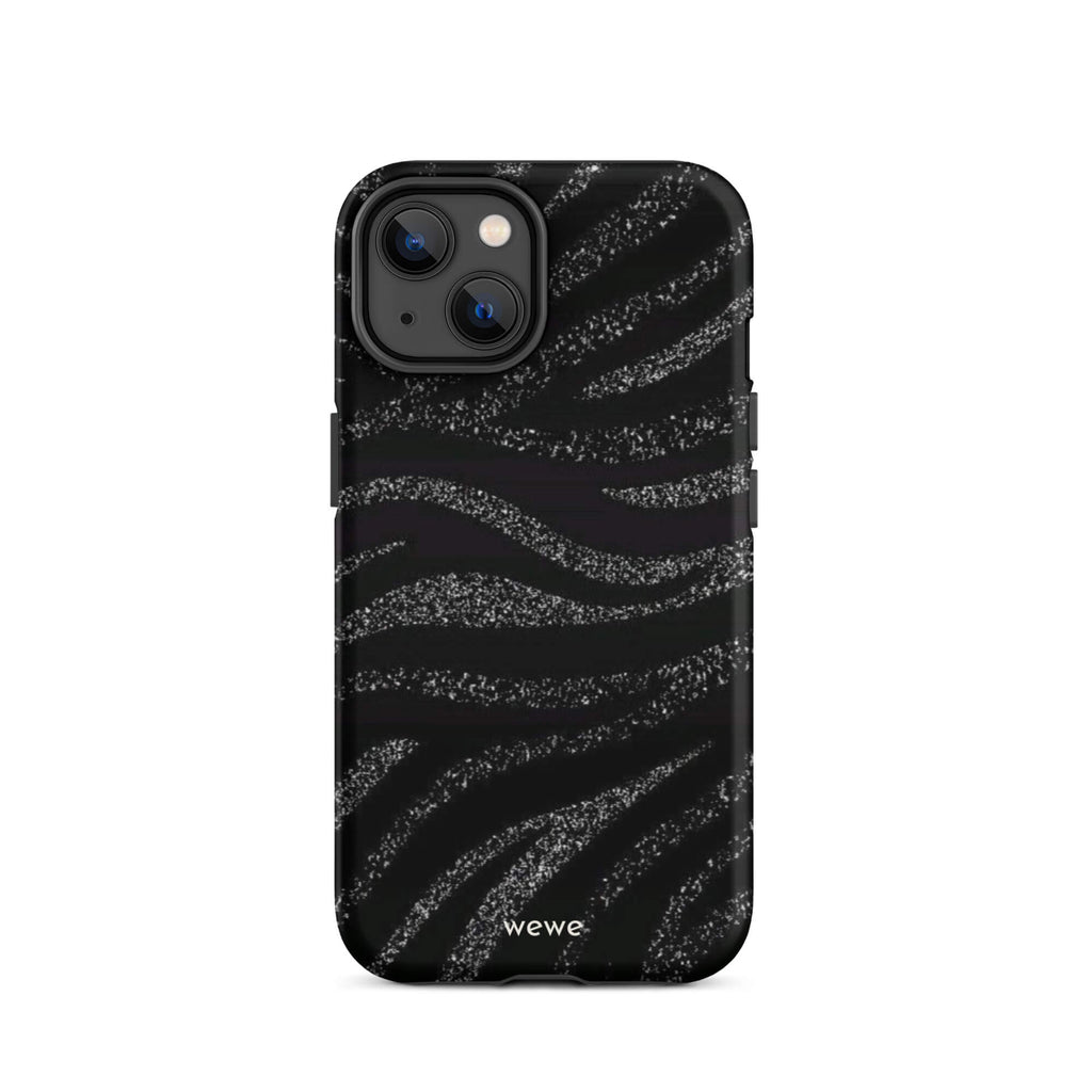 Custom iPhone case 14 with a black background and a sparkly silver glitter wavy zebra stripe pattern.