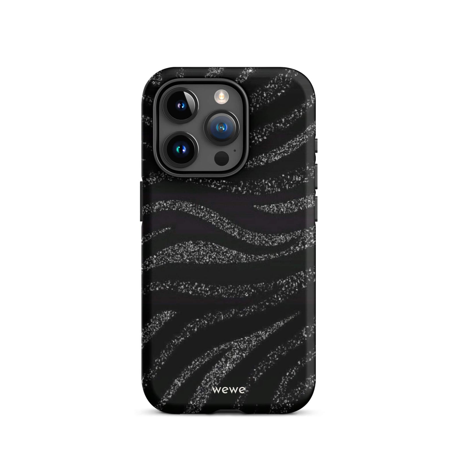 Custom iPhone case 15 pro with a black background and a sparkly silver glitter wavy zebra stripe pattern.