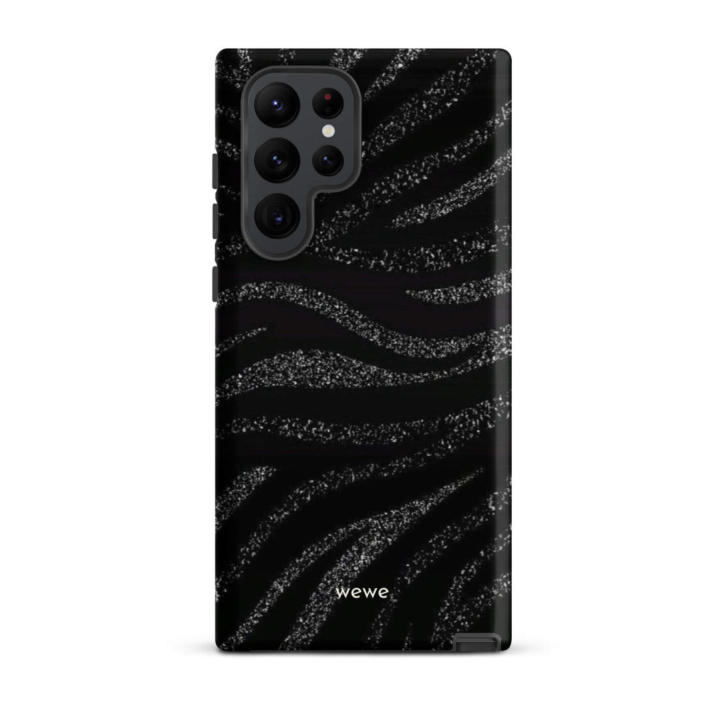 Custom samsung galaxy s22 ultra Phone case with a black background and a sparkly silver glitter wavy zebra stripe pattern.
