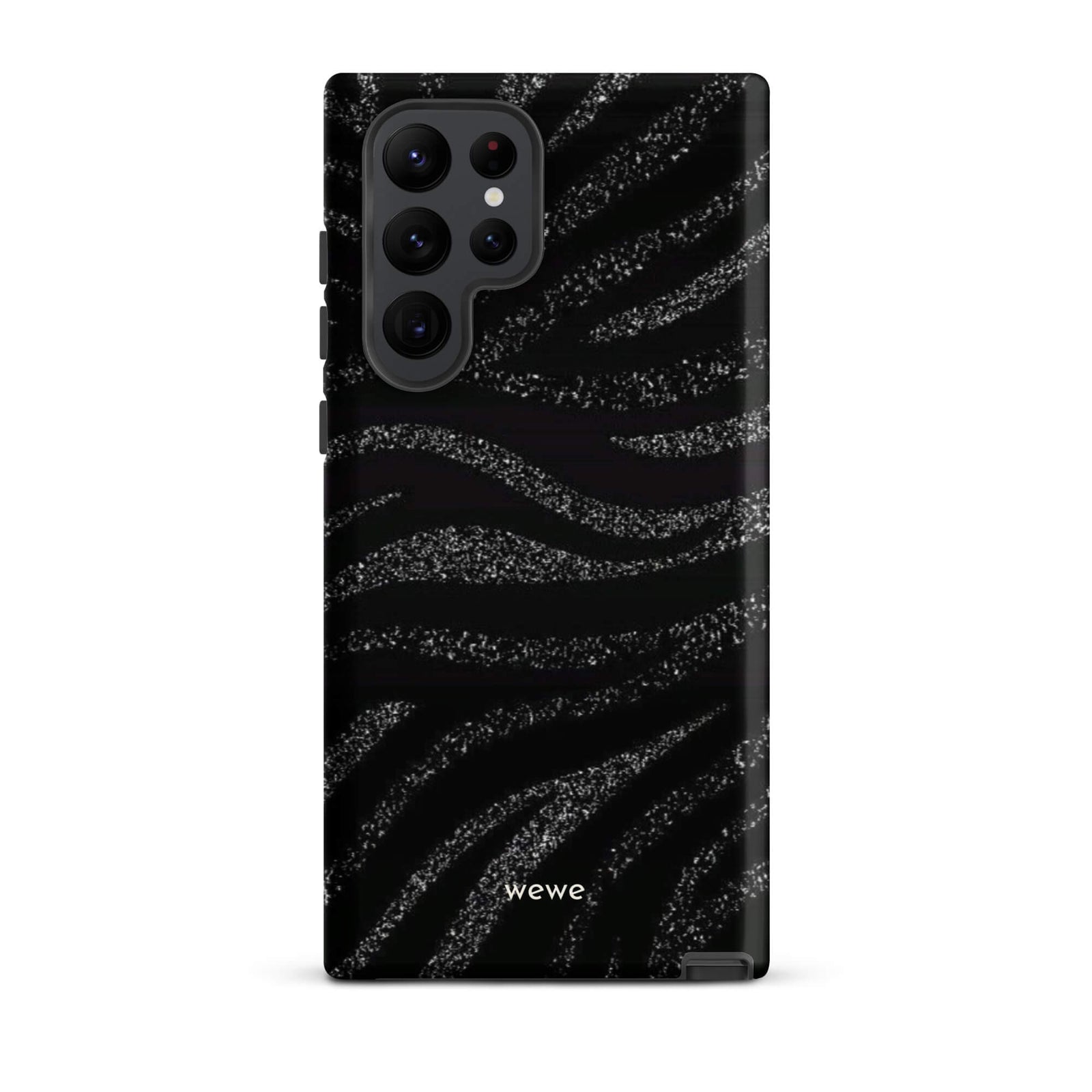 Custom samsung galaxy s22 ultra Phone case with a black background and a sparkly silver glitter wavy zebra stripe pattern.