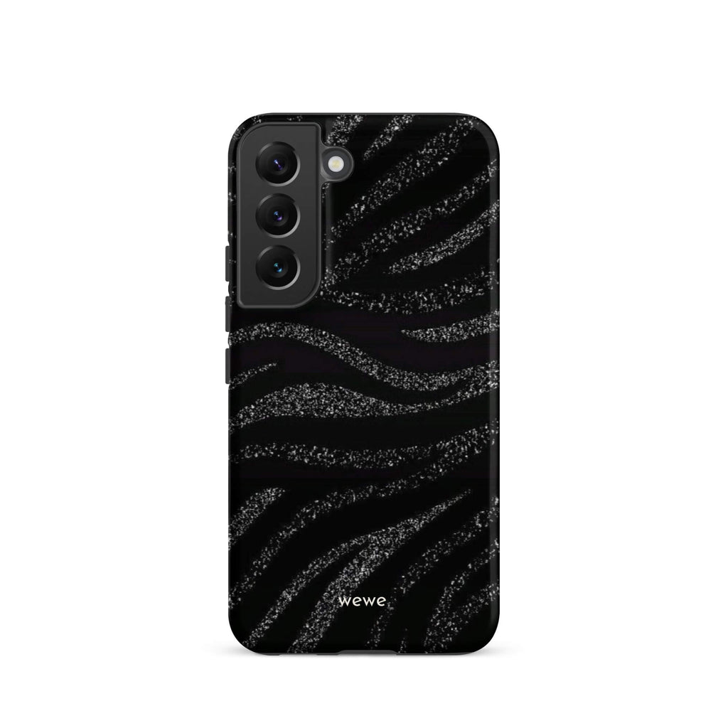 Custom samsung galaxy s22 Phone case with a black background and a sparkly silver glitter wavy zebra stripe pattern.