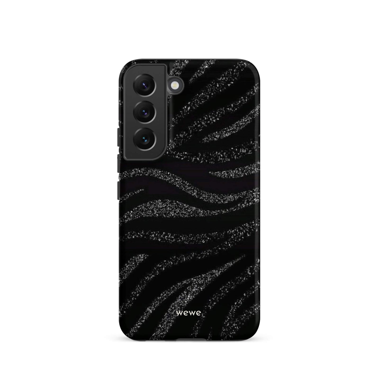 Custom samsung galaxy s22 Phone case with a black background and a sparkly silver glitter wavy zebra stripe pattern.