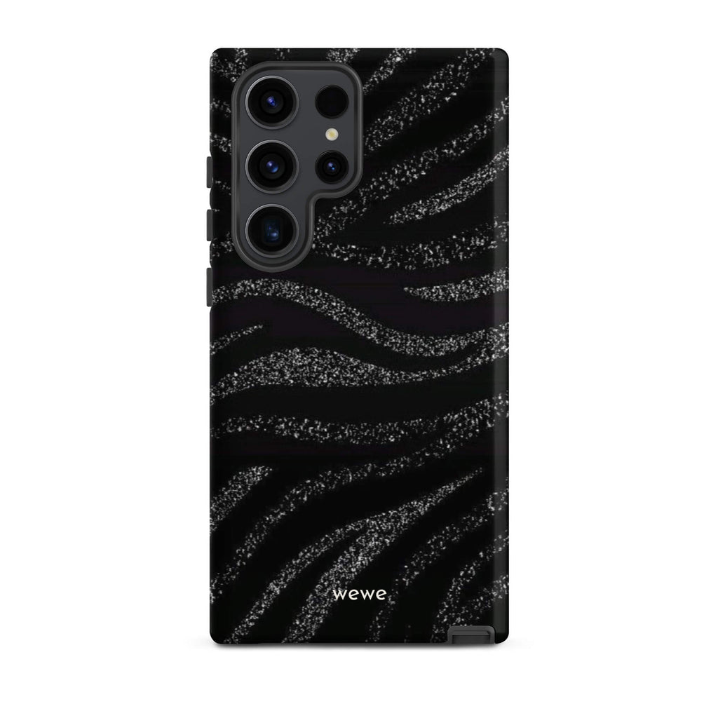 Custom samsung galaxy s23 ultra Phone case with a black background and a sparkly silver glitter wavy zebra stripe pattern.
