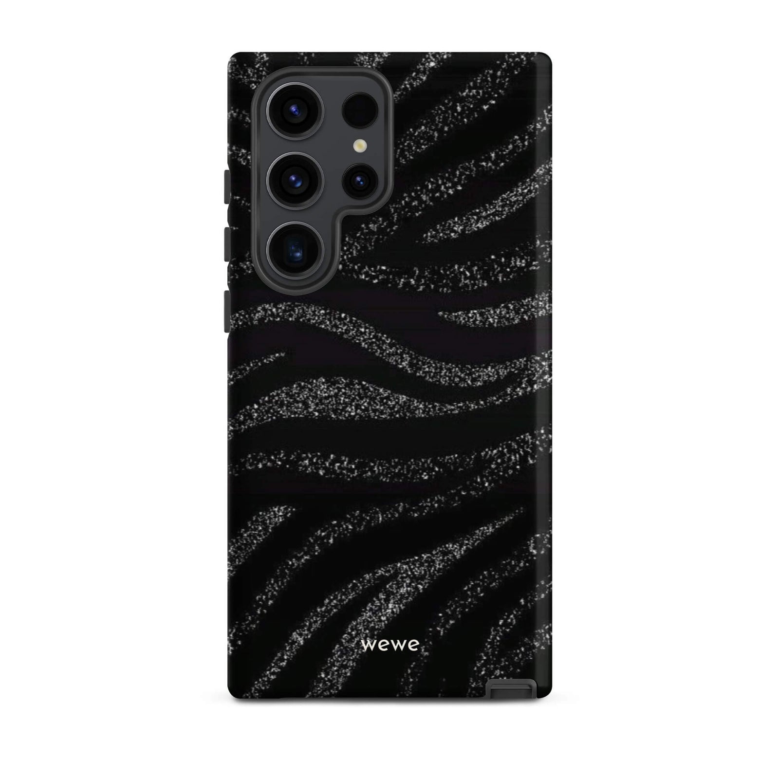 Custom samsung galaxy s23 ultra Phone case with a black background and a sparkly silver glitter wavy zebra stripe pattern.