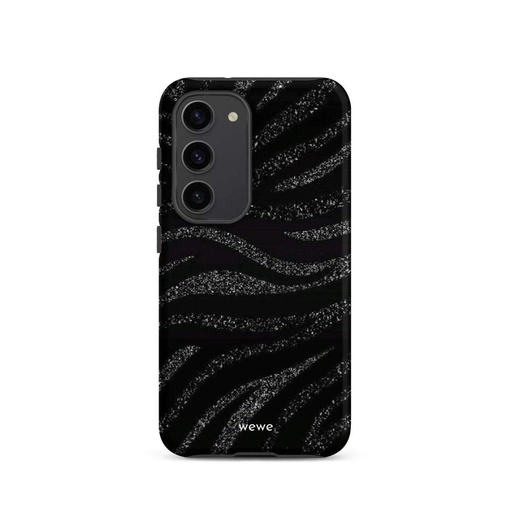 Custom samsung galaxy s23 Phone case with a black background and a sparkly silver glitter wavy zebra stripe pattern.