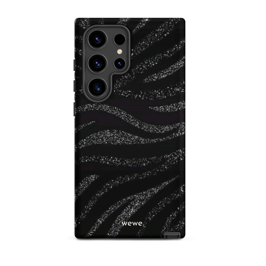 Custom samsung galaxy s24 ultra Phone case with a black background and a sparkly silver glitter wavy zebra stripe pattern.