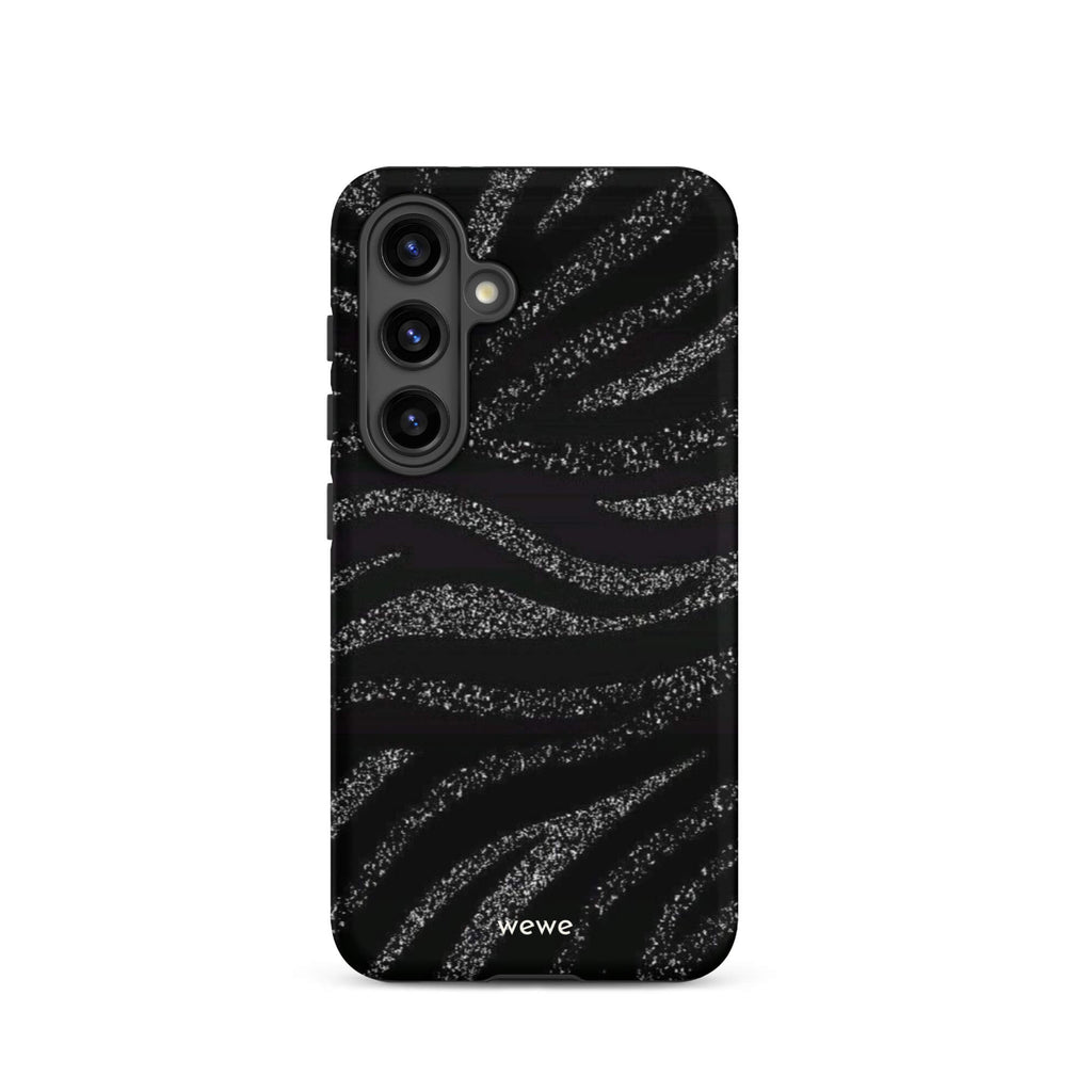 Custom samsung galaxy s24 Phone case with a black background and a sparkly silver glitter wavy zebra stripe pattern.
