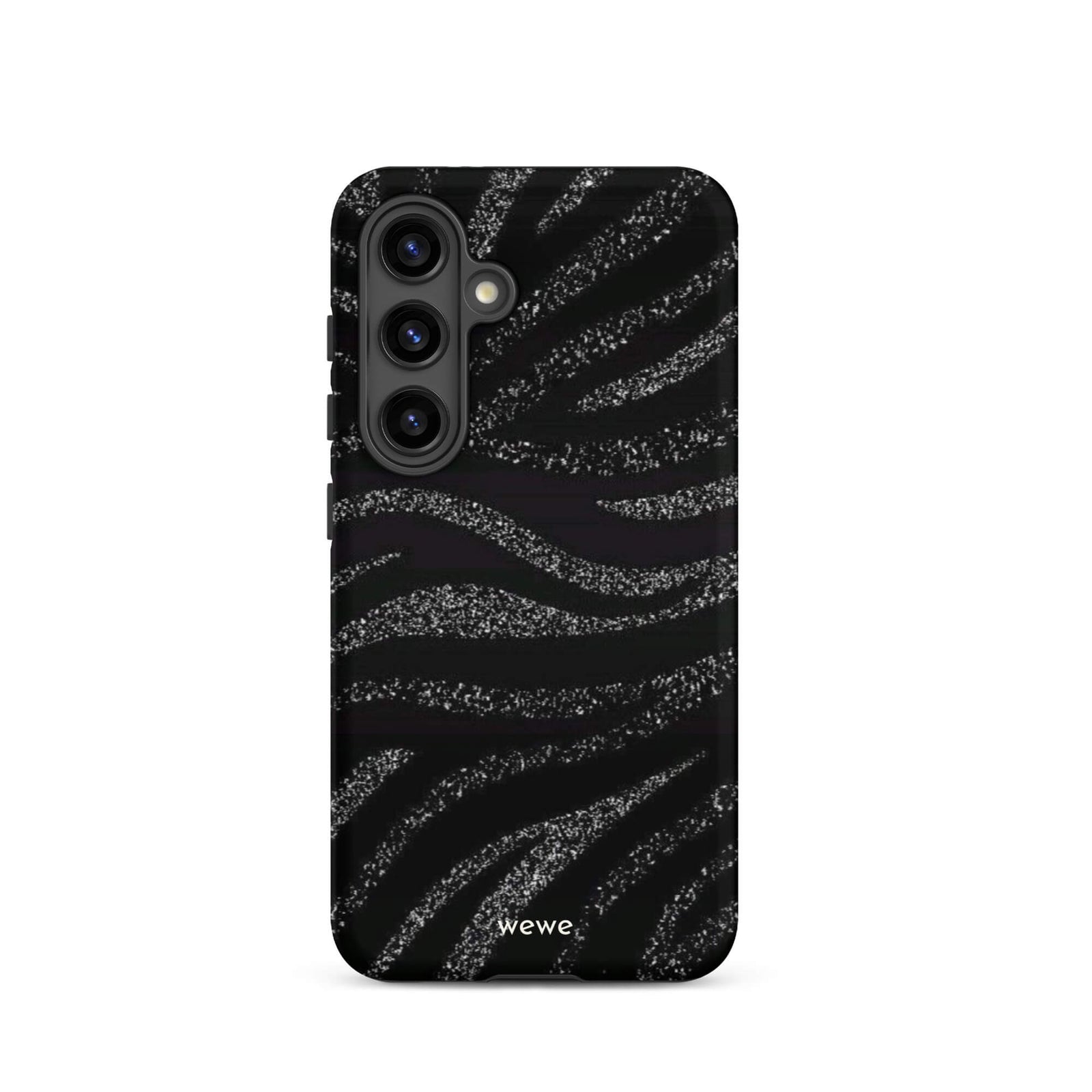 Custom samsung galaxy s24 Phone case with a black background and a sparkly silver glitter wavy zebra stripe pattern.