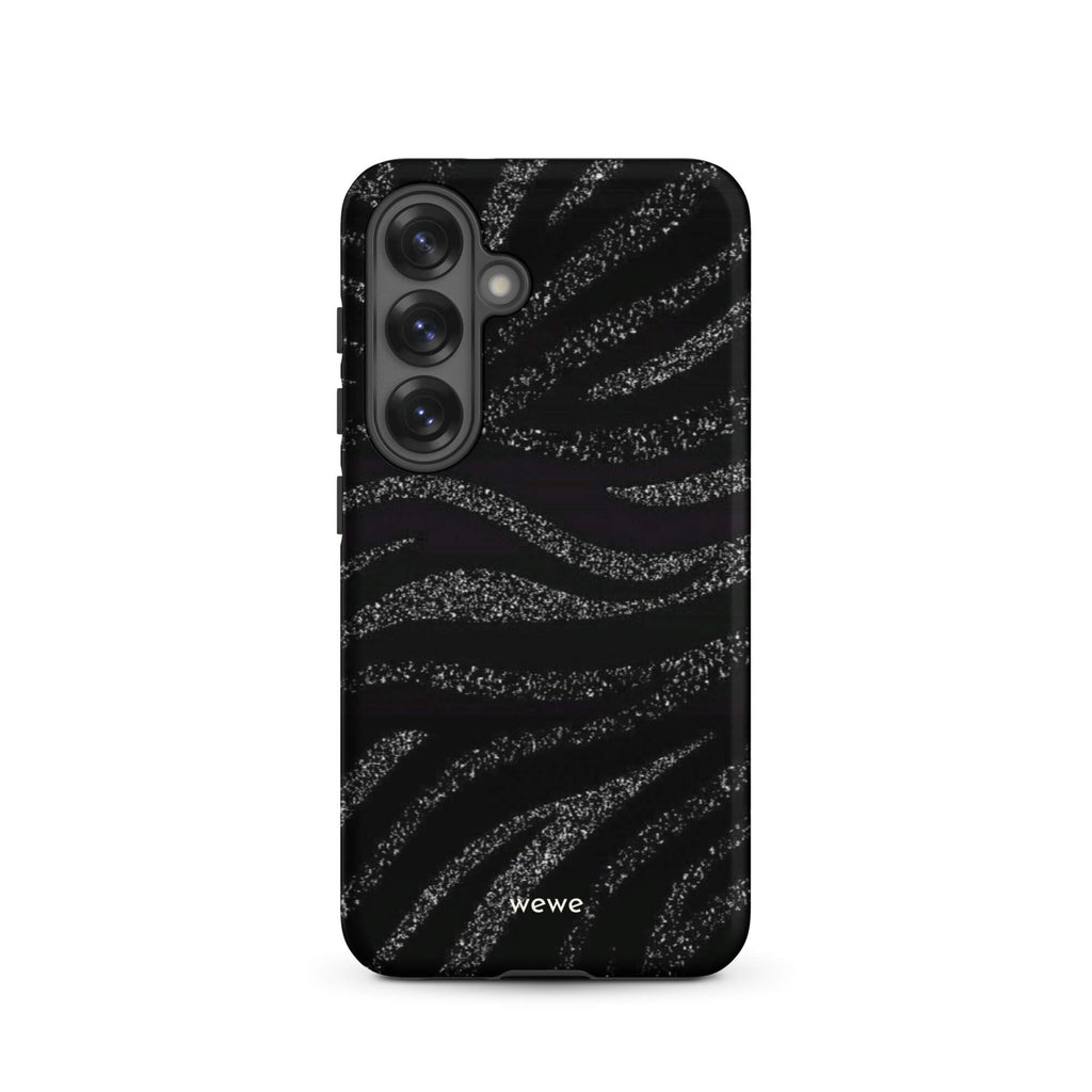 Custom samsung galaxy s25 Phone case with a black background and a sparkly silver glitter wavy zebra stripe pattern.