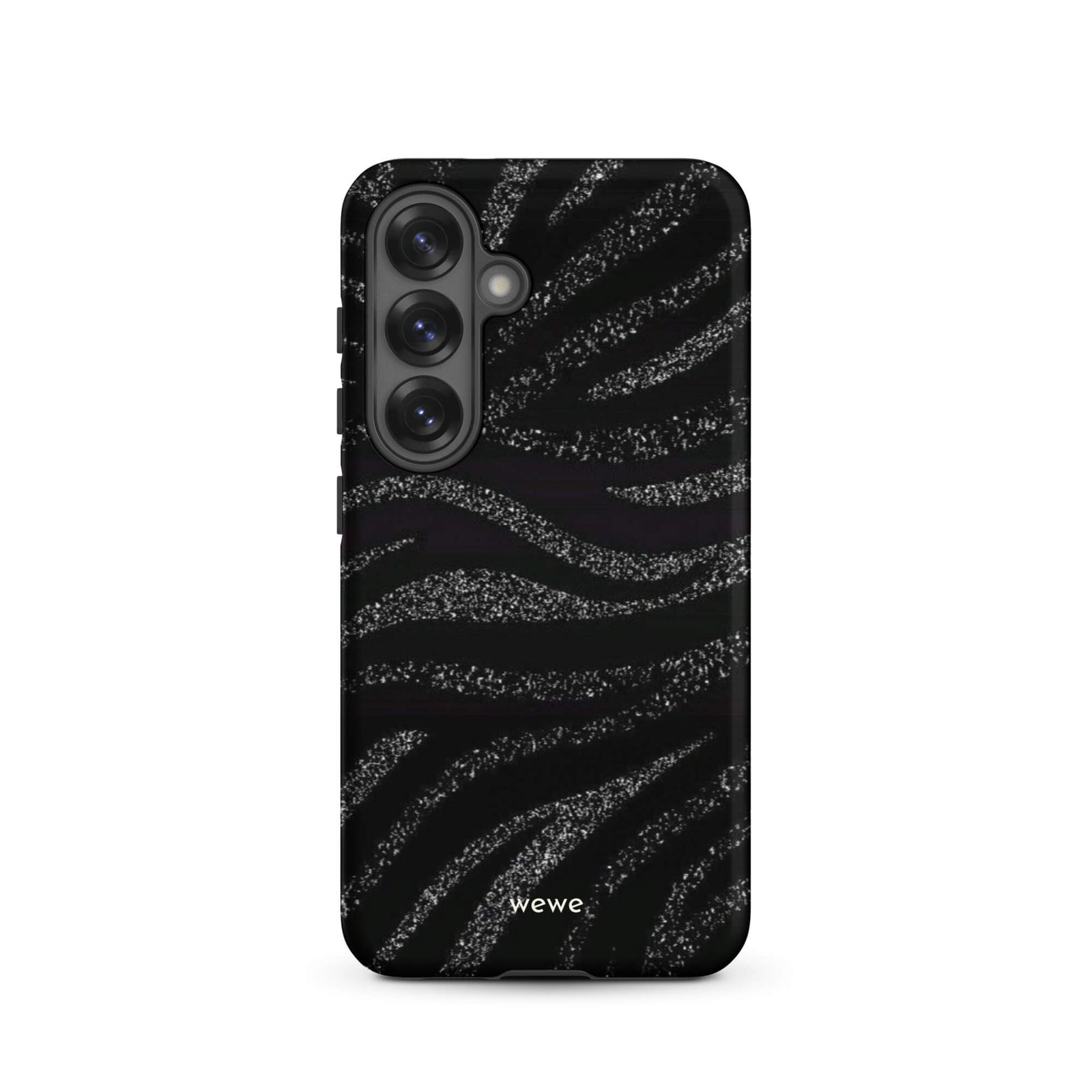 Custom samsung galaxy s25 Phone case with a black background and a sparkly silver glitter wavy zebra stripe pattern.