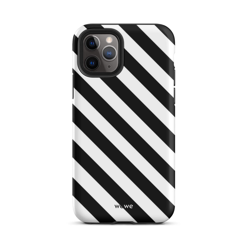 Custom iPhone case 11 pro with a bold black and white diagonal striped pattern design.