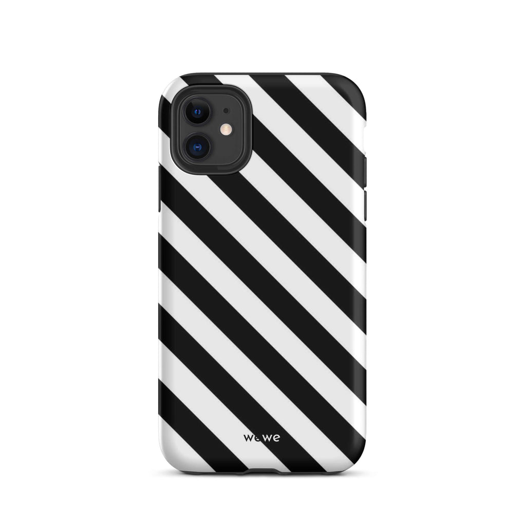 Custom iPhone case 11 with a bold black and white diagonal striped pattern design.