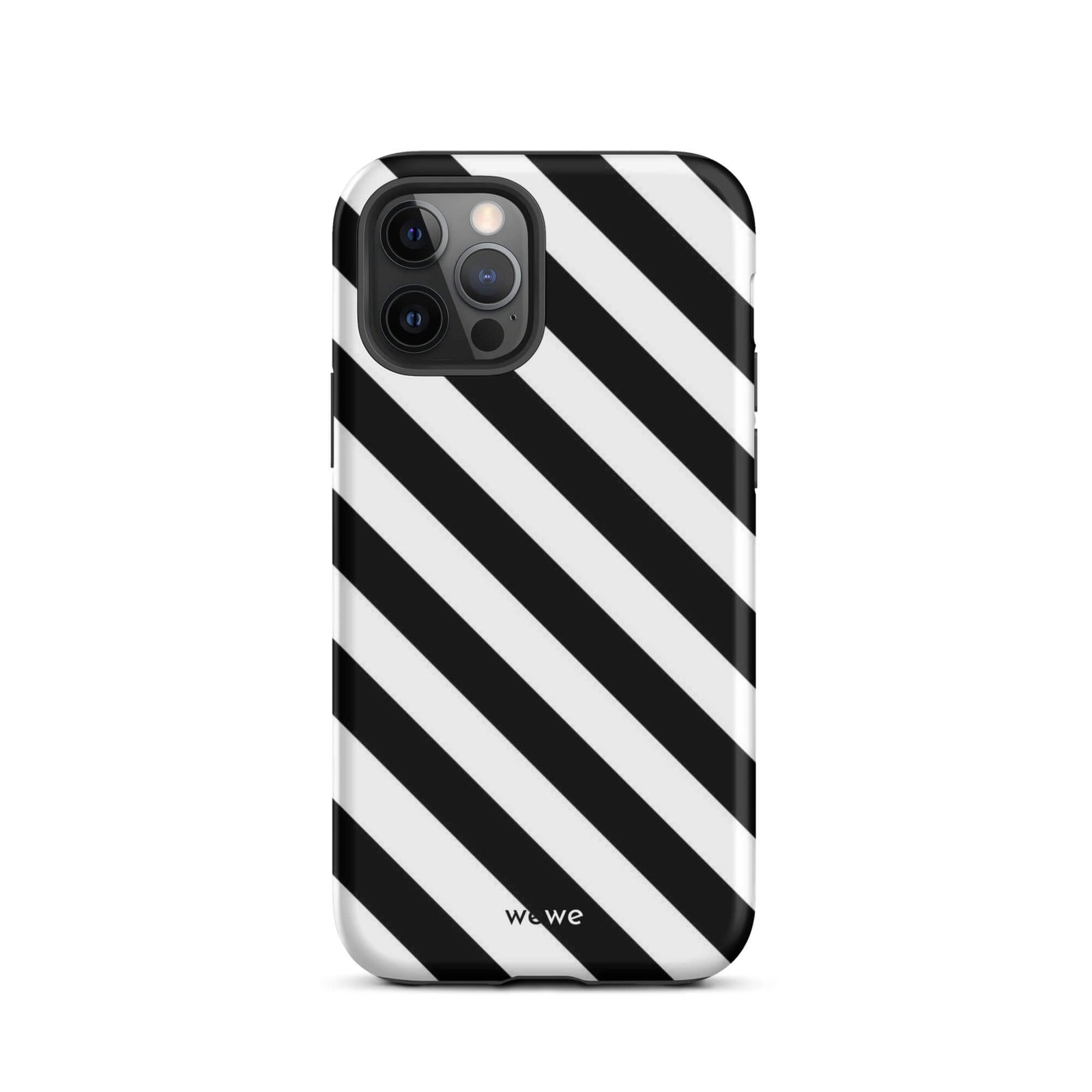 Custom iPhone case 12 pro with a bold black and white diagonal striped pattern design.
