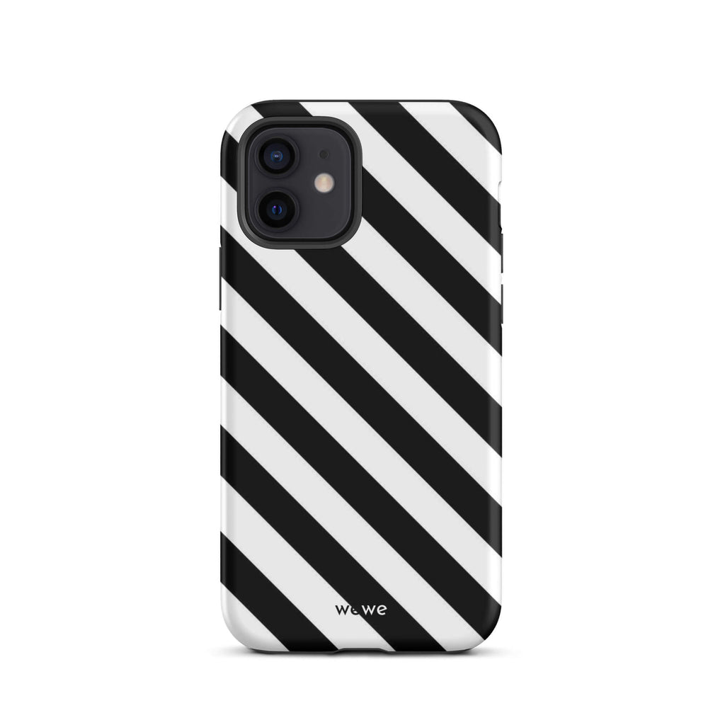 Custom iPhone case 12 with a bold black and white diagonal striped pattern design.