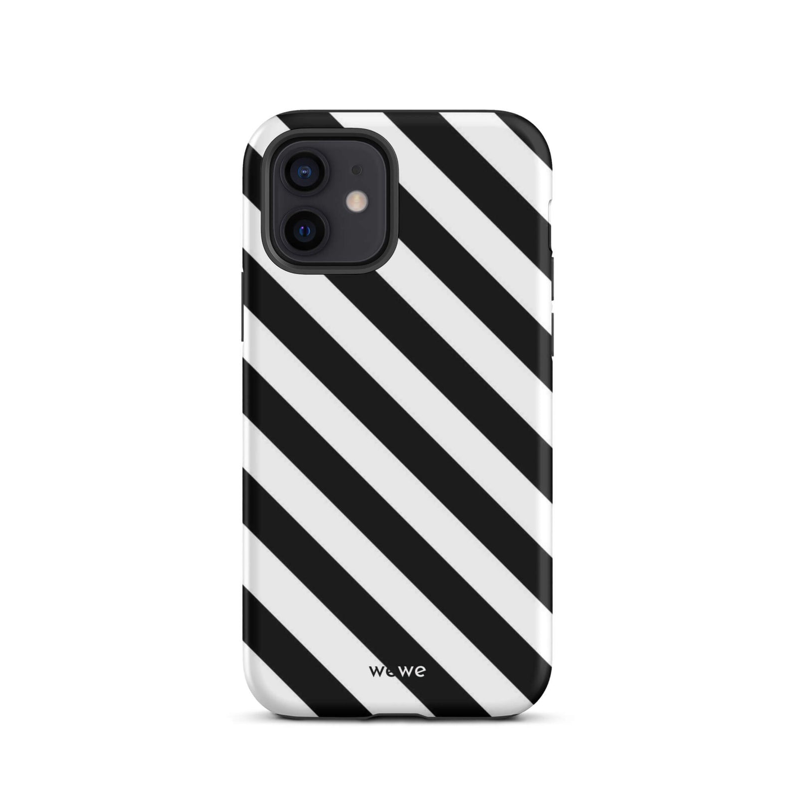 Custom iPhone case 12 with a bold black and white diagonal striped pattern design.