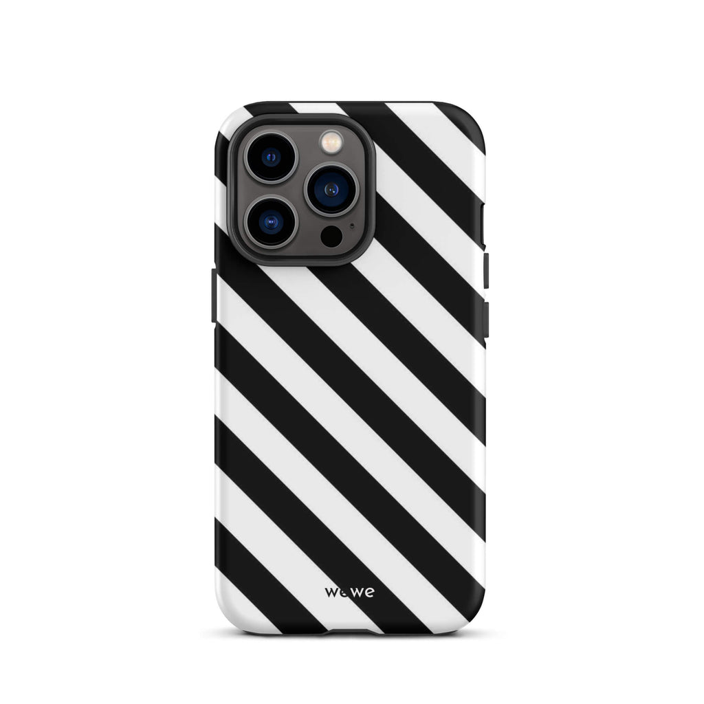 Custom iPhone case 13 pro with a bold black and white diagonal striped pattern design.