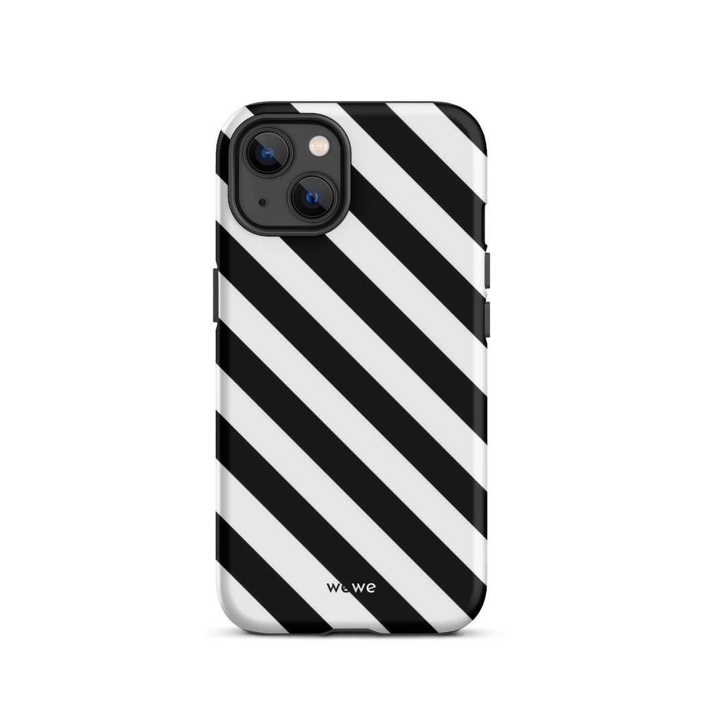 Custom iPhone case 13 with a bold black and white diagonal striped pattern design.