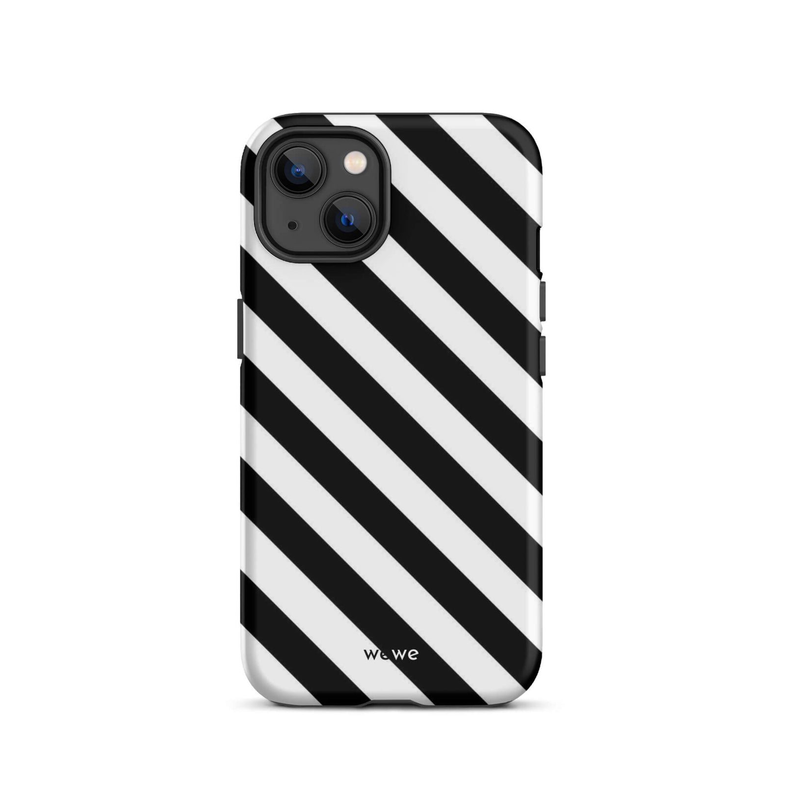 Custom iPhone case 13 with a bold black and white diagonal striped pattern design.