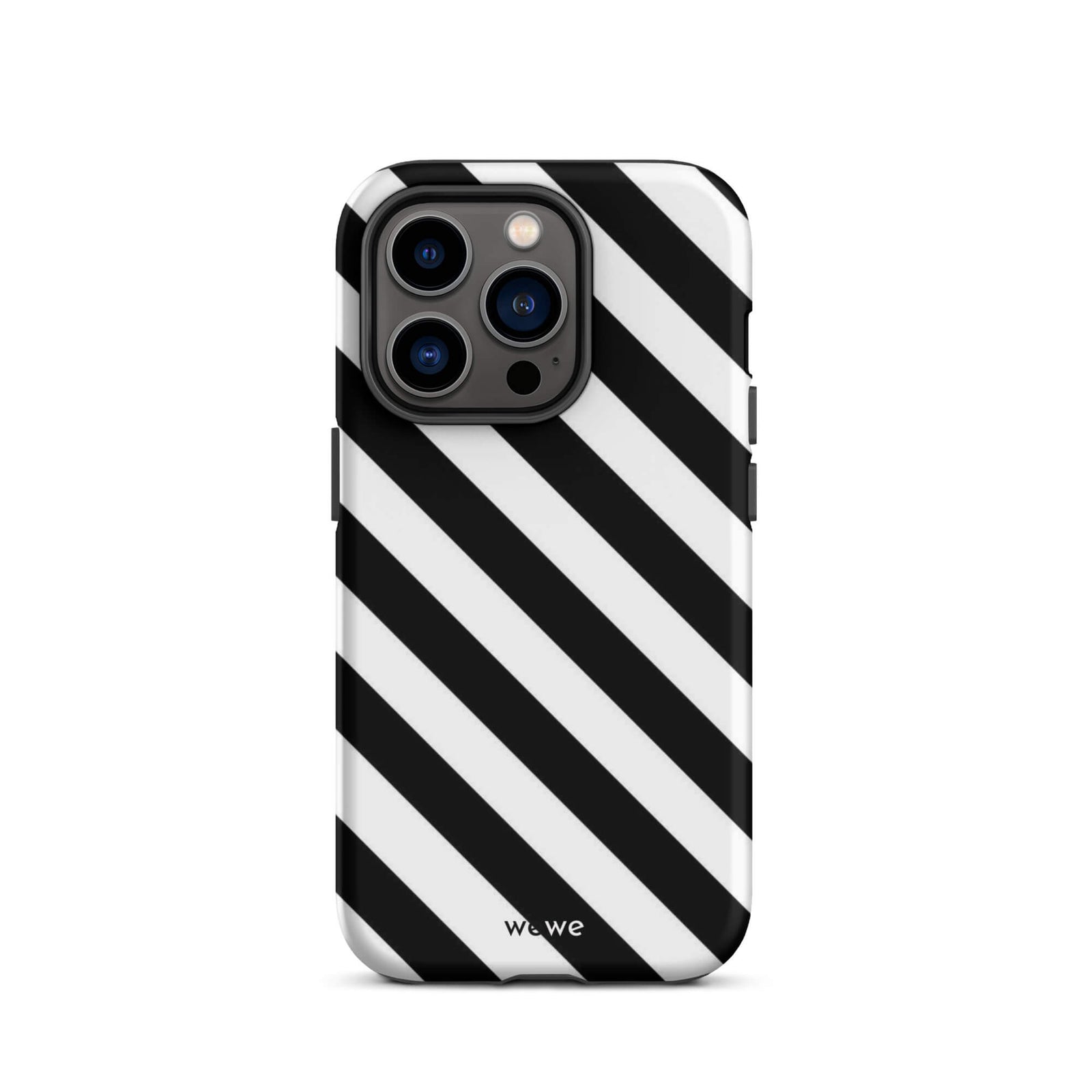 Custom iPhone case 14 pro with a bold black and white diagonal striped pattern design.