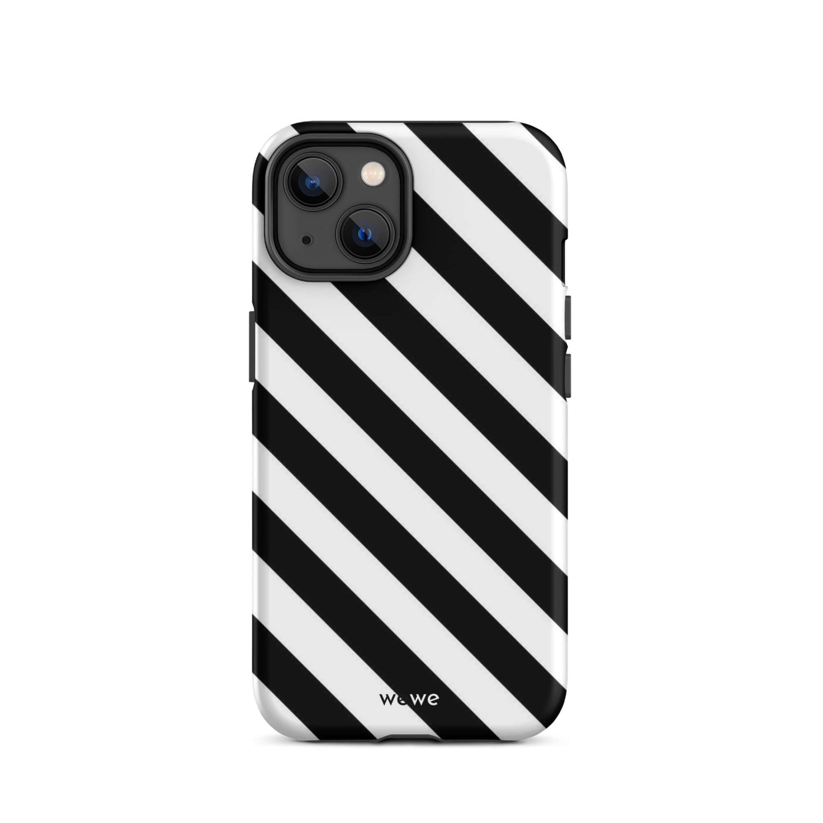 Custom iPhone case 14 with a bold black and white diagonal striped pattern design.