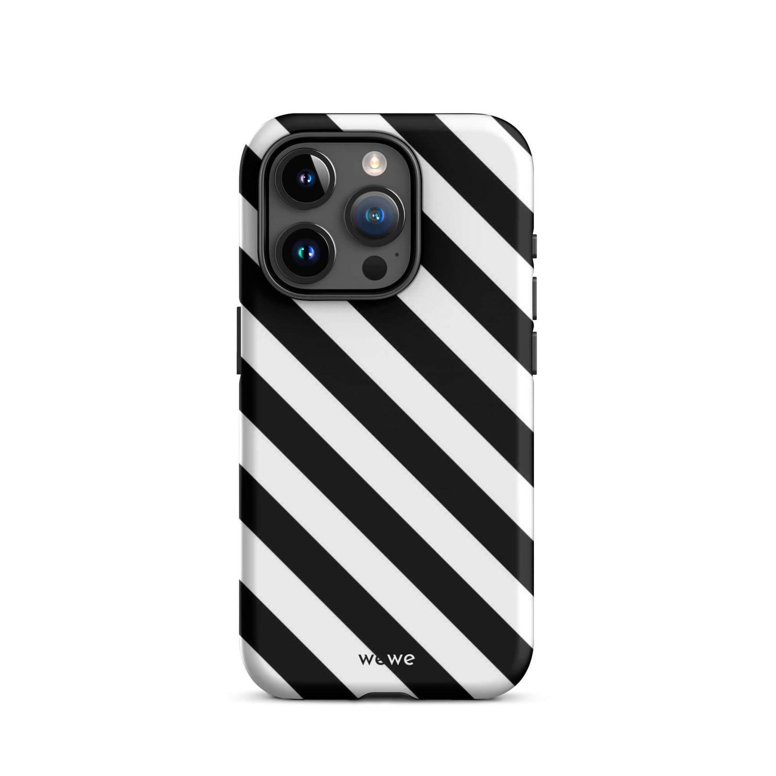 Custom iPhone case 15 pro with a bold black and white diagonal striped pattern design.