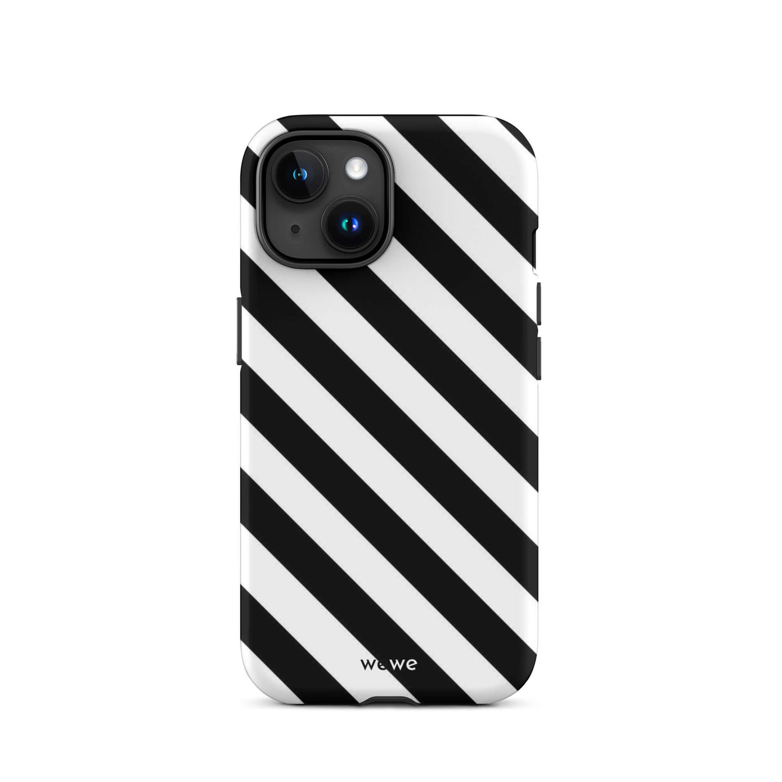 Custom iPhone case 15 with a bold black and white diagonal striped pattern design.