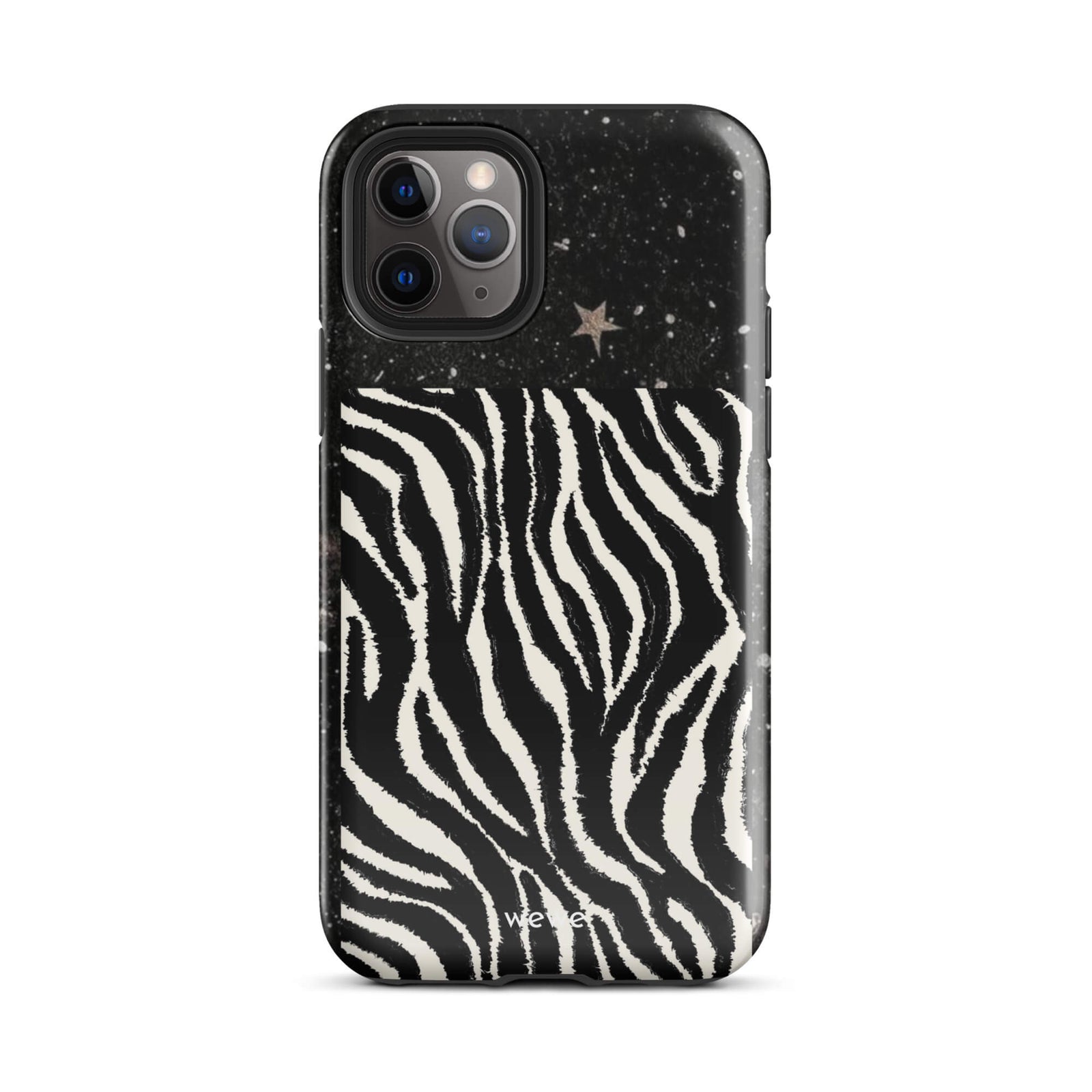 Custom iPhone case 11 pro with a black, glittery cosmic/galaxy top half with stars, and a bold black and white zebra stripe pattern on the bottom half.