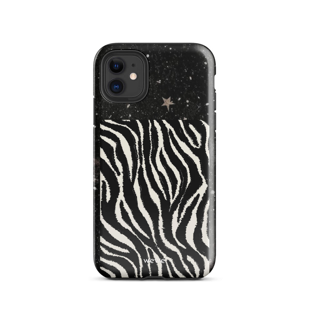 Custom iPhone case 11 with a black, glittery cosmic/galaxy top half with stars, and a bold black and white zebra stripe pattern on the bottom half.