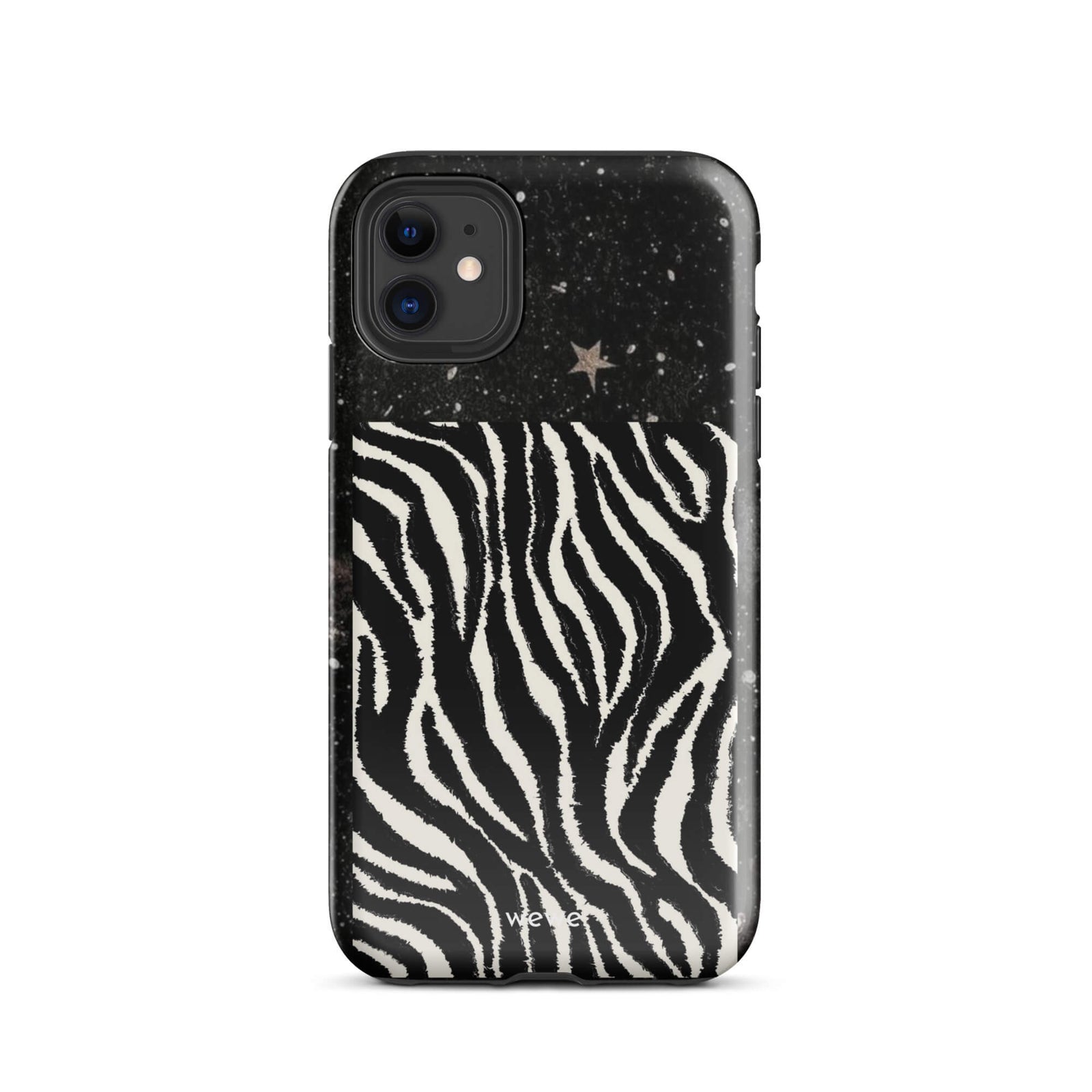 Custom iPhone case 11 with a black, glittery cosmic/galaxy top half with stars, and a bold black and white zebra stripe pattern on the bottom half.