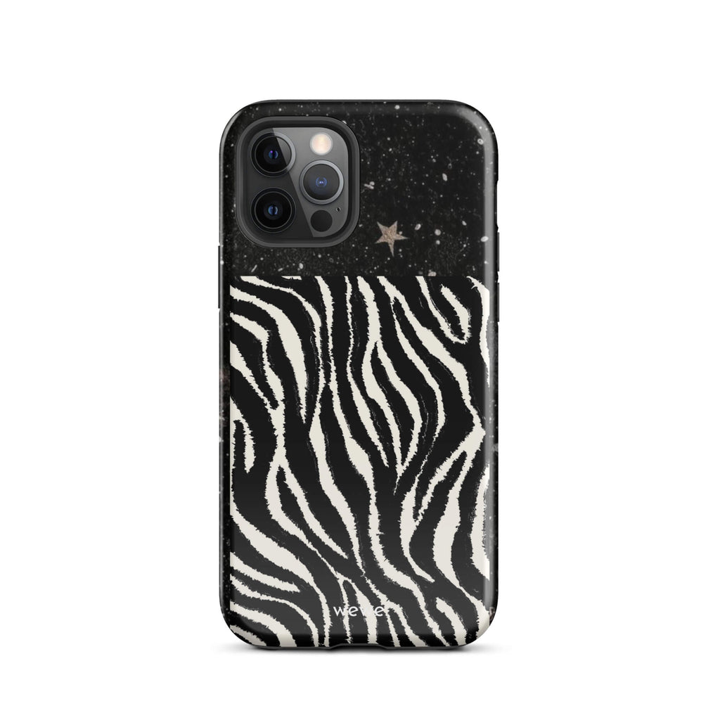 Custom iPhone case 12 pro with a black, glittery cosmic/galaxy top half with stars, and a bold black and white zebra stripe pattern on the bottom half.